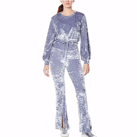 Silver Velour 2pc Dolman Sleeve Crop High Rise Bell Bottoms Plus 2X Lounge Wear - Picture 1 of 9